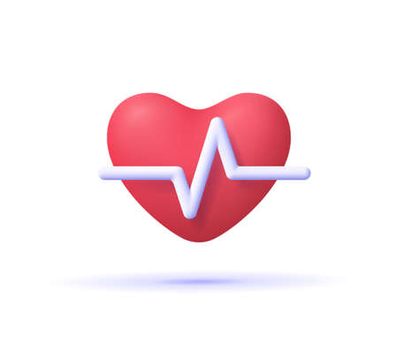 Red heart with white pulse line on white background. Heart pulse, heartbeat lone, cardiogram. Healthy lifestyle, cardiac assistance, pulse beat measure, medical healthcare concept. 3d vector icon.のイラスト素材