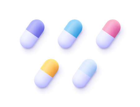 Set of color medical pills. 3d vector icon. Cartoon minimal style. Medical capsule and drugs. Healthcare and medicine concept.のイラスト素材