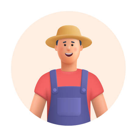 Young smiling man farmer. agricultural worker. Gardening, farming, professional occupation concept. 3d vector people character illustration.Cartoon minimal style.のイラスト素材
