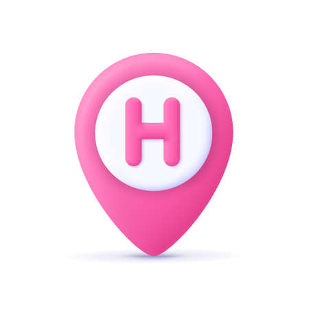 Location mark, destination pointer with letter H, hotel or hospital sign. 3d vector icon. Cartoon minimal style.のイラスト素材
