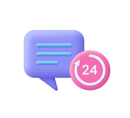 Speech bubble and 24 hour watch with arrow. Support service, help, chatting, working hours concept. 3d vector icon. Cartoon minimal style.のイラスト素材