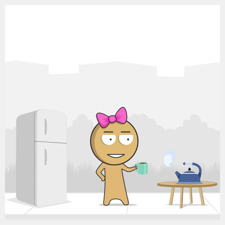 Girl in the kitchen with a mug in her handsのイラスト素材
