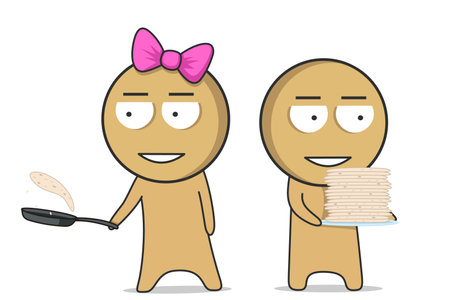 Boy and Girl are frying pancakes in the kitchenのイラスト素材