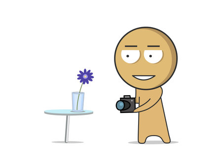 A photographer with a camera in his hands photographs a flower on the tableのイラスト素材