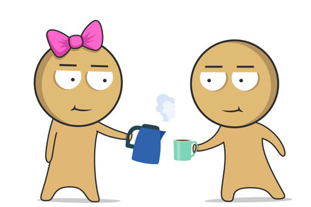 A girl pours tea into a mug for a boyのイラスト素材