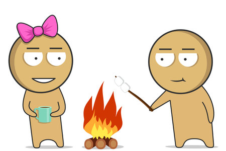 A guy and a girl cook marshmallows on a fireのイラスト素材