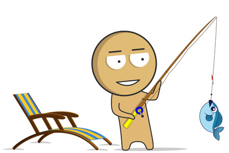 A fisherman catches a fish with a fishing rodのイラスト素材