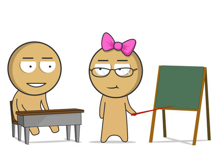 The boy is sitting at the desk, the teacher is standing with a pointerのイラスト素材
