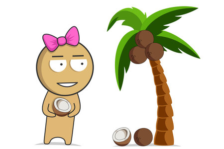 Girl on a desert island under a palm tree with coconutsのイラスト素材