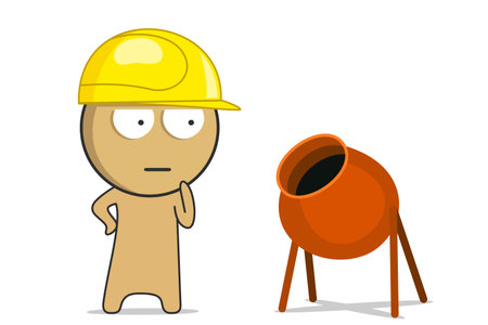 Builder in a yellow hard hat next to a concrete mixerのイラスト素材