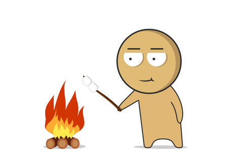 The boy is resting in nature and preparing marshmallows on fireのイラスト素材