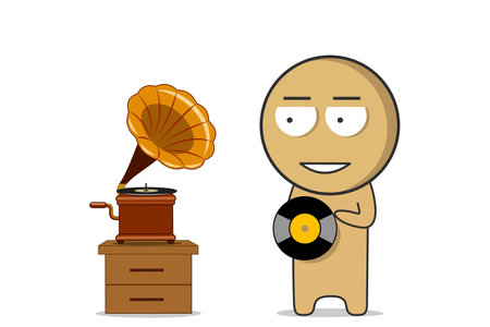 A boy stands near a gramophone with a music recordのイラスト素材