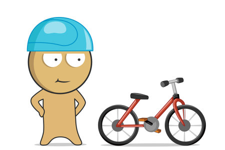 A boy in a helmet stands next to a bicycleのイラスト素材