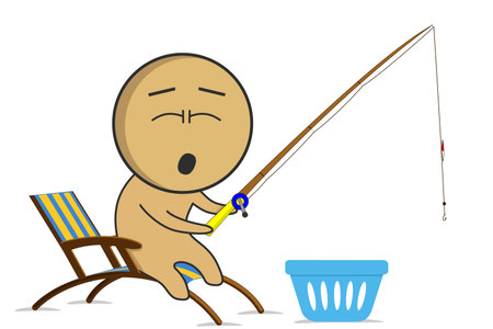 The boy sits with a fishing rod in his hands and yawnsのイラスト素材