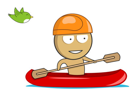 A boy in a helmet swims in a kayak against the background of flying birdsのイラスト素材