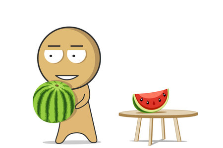 The boy stands with a watermelon next to the table on which the watermelonのイラスト素材