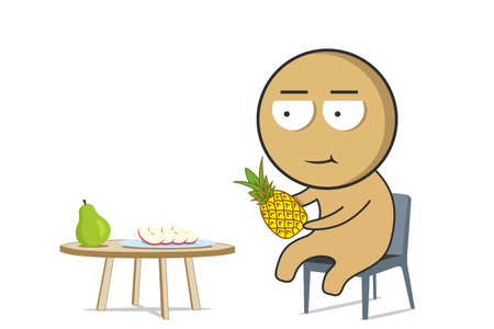 A boy sits with a pineapple in his hands in front of a table with fruitsのイラスト素材