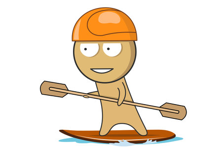 Boy in a helmet on a surfboard with a paddle in his handsのイラスト素材