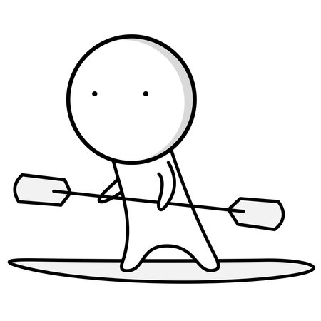 A boy floats on a surfboard, surfing with a paddle in his hands.のイラスト素材