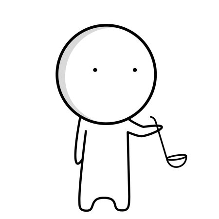 A boy with a kitchen ladle in his hand stands in the kitchenのイラスト素材