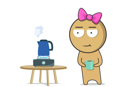 A girl stands with a mug of tea in her hands in the kitchen next to the kettleのイラスト素材