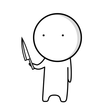 The boy stands in the kitchen with a knife in his handsのイラスト素材
