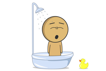Cartoon of a man taking a bath with a yellow duck next to himのイラスト素材