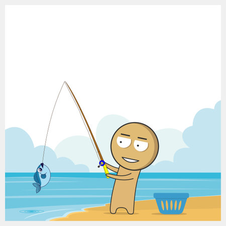 A cartoon of a man fishing on the beach with a fish on the bottom.のイラスト素材
