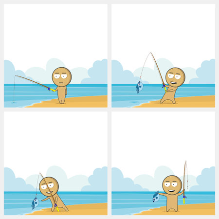 A cartoon of a man fishing on a beach.のイラスト素材