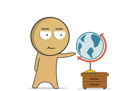 The boy points with his hand at the globe that stands on the chest of drawersのイラスト素材