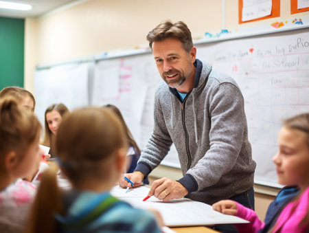 Male teacher explaining something to a group of studentsの素材