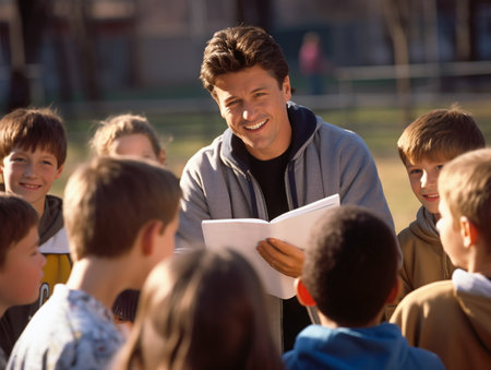 A male teacher is reading a book to a group of children outsideの素材