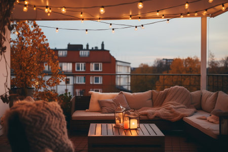 Cozy autumn terrace decorated with fairy lights, candles and soft pillows for relaxing in the eveningの素材