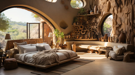 Earthen interior of a luxury bedroom with a large bed, sitting area, and unique clay and stone decorの素材