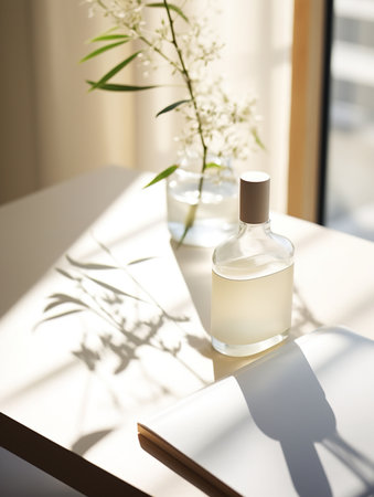 An elegant and simple perfume bottle is placed on the table, with a flower in a glass vase beside it.の素材