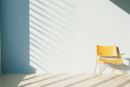A single yellow chair sits in a large empty room with white walls and blue light shining through the blindsの素材