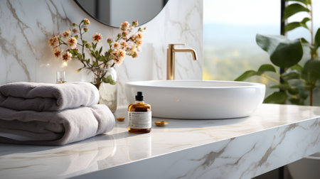 Modern bathroom interior with a large round sink, gold faucet, and a view of the mountainsの素材