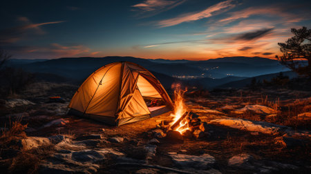 Photo for Camping in the mountains under the setting sun - Royalty Free Image