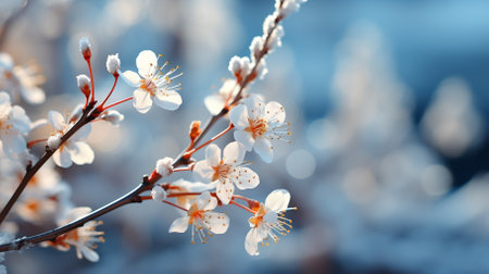 Close-up of white cherry blossoms on a branch with a blurred backgroundの素材