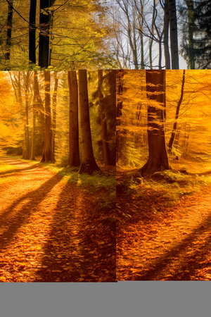Sunlit path through a beech forest in autumnの素材