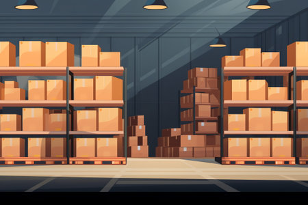 Warehouse interior with shelves full of cardboard boxes. Industrial storage room with stacked goods ready for shipment. Distribution center. Vector illustrationの素材