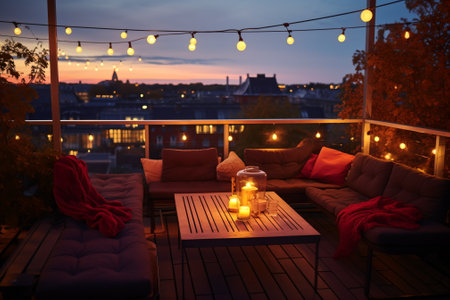 Cozy rooftop terrace decorated with lights and comfortable furnitureの素材