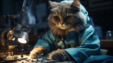 A Cat Wearing a Scientist's Coat and Working in a Laboratoryの素材