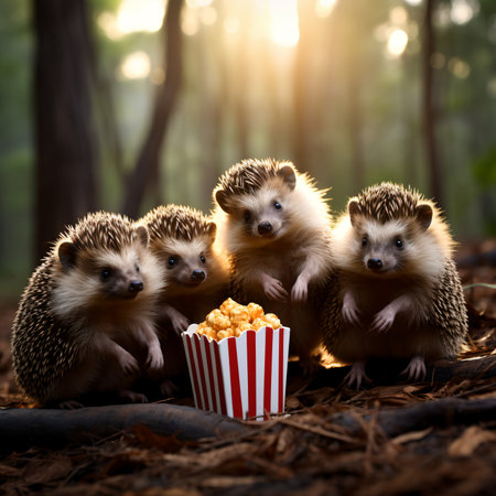 Four hedgehogs in the woods eating popcornの素材
