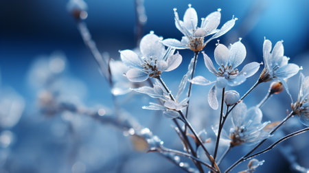 Close-up of white and blue flowers with water droplets on the petalsの素材