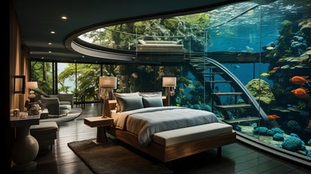 Modern bedroom interior with large aquariumの素材