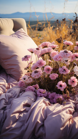 Pink flowers bouquet on a bed in a fieldの素材