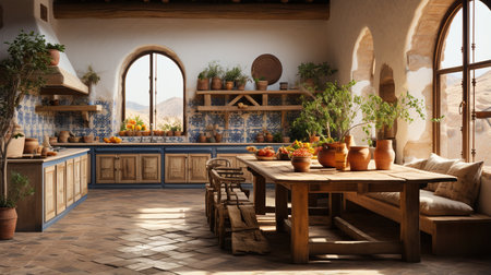 A beautiful Mediterranean style kitchen with a large wooden table and a view of the mountainsの素材