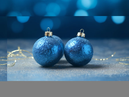 Blue Christmas balls on blue sparkly background with golden tinselの素材