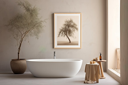 Bathroom with a Large Bathtub and a Tree Photoの素材